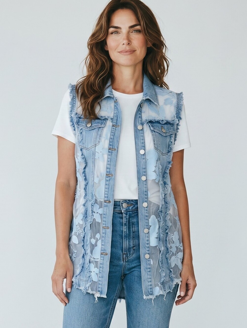 Ethyl Light Wash Denim & Sheer Floral Button Front Vest...Size Medium